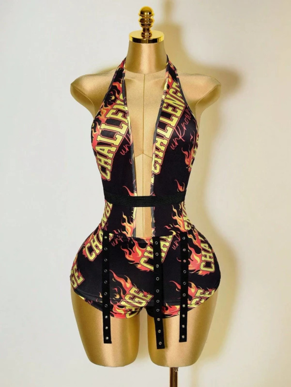 H&M Summer Sexy Deep V Halter Neck Bodycon Jumpsuit Letter Print